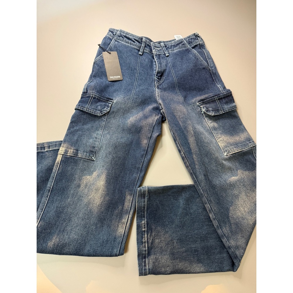 True Religion Denim Cargo SN Straight Jeans Medium Blaze Wash Blue Size 27